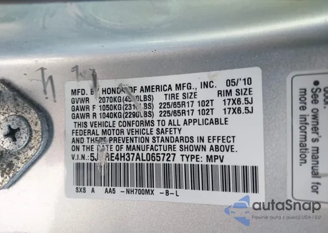 2010 Honda Cr-V Lx из США, поврежденный, VIN 5J6RE4H37AL065727